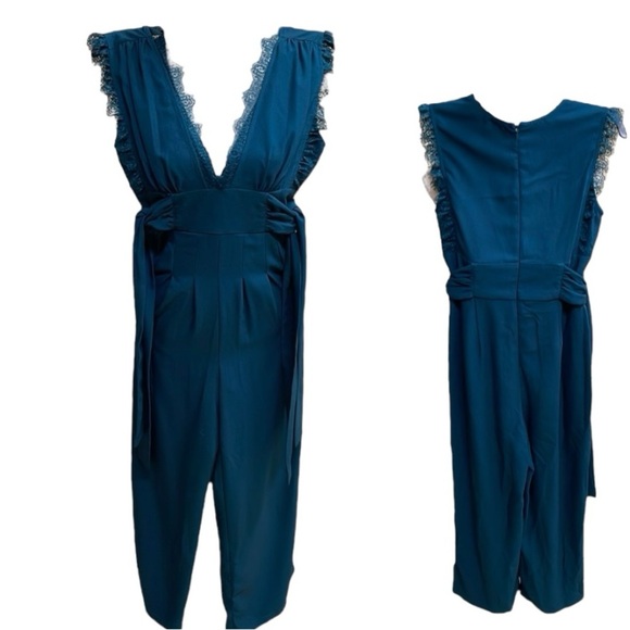 Francesca’s Teal Blue Mira Eyelash Lace Plunge Neckline Wide Leg Jumpsuit Sz XS - Picture 4 of 15